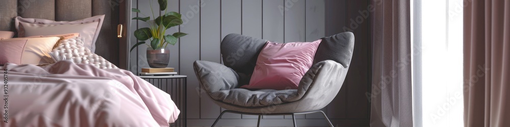 Pink cushion on modern gray chair in a stylish bedroom with soft pastel bedding Pink cushion on modern gray chair in a stylish bedroom with soft pastel bedding