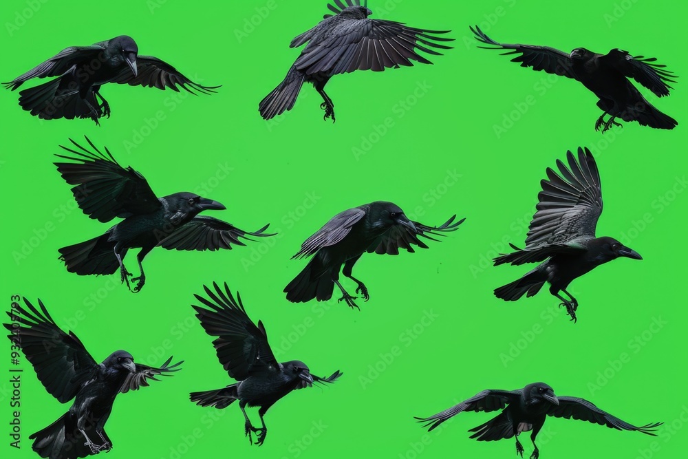 Obraz premium A group of black birds flying together in the sky