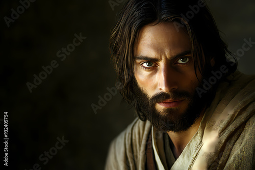 Compassionate portrait of Jesus in traditional robes against dark background