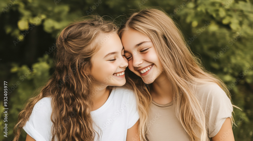 Two girls with long hair are smiling and posing for a picture Two girls with long hair are smiling and posing for a picture