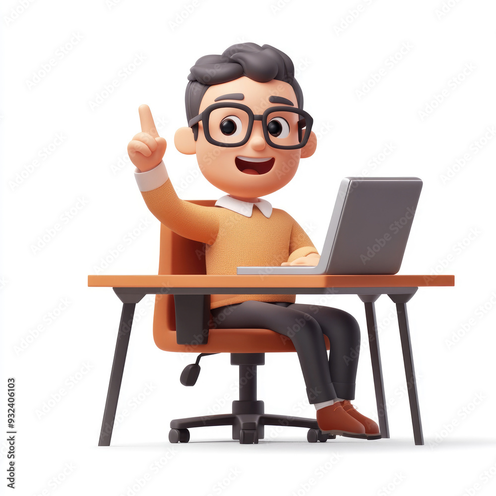 3D cartoon, an office worker sits at his desk and raises one hand to make a pointing gesture. on a solid white background 3D cartoon, an office worker sits at his desk and raises one hand to make a pointing gesture. on a solid white background