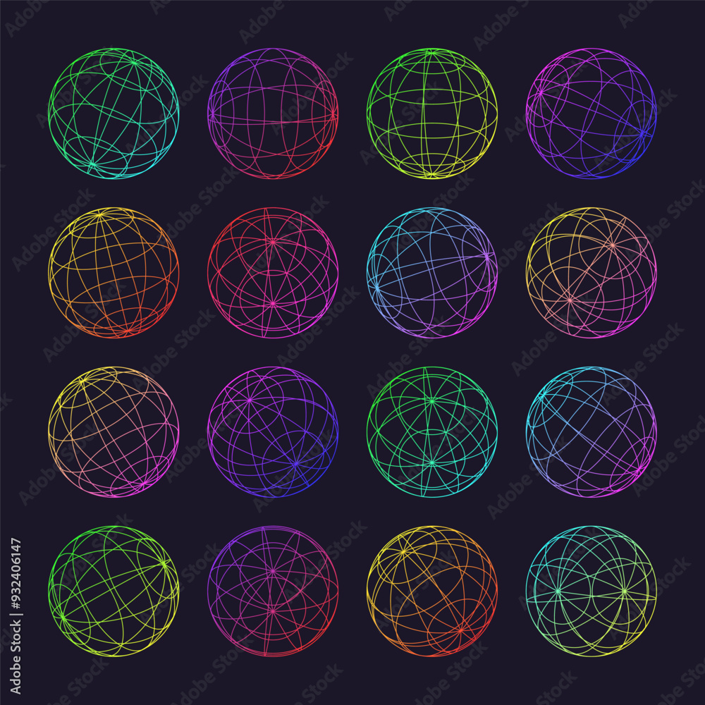 Neon wireframe shapes, lined sphere. Perspective mesh, 3d grid. Low poly geometric elements. Retro futuristic design elements, y2k, vaporwave and synthwave style. Vector illustration Neon wireframe shapes, lined sphere. Perspective mesh, 3d grid. Low poly geometric elements. Retro futuristic design elements, y2k, vaporwave and synthwave style. Vector illustration