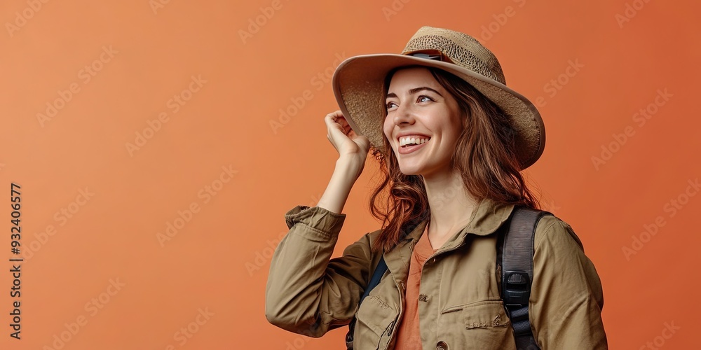 happy female archaeologist, solid background, copy space happy female archaeologist, solid background, copy space