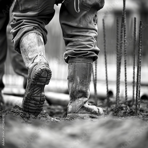 A worker in muddy boots walks through a construction site with rebar sticking up.