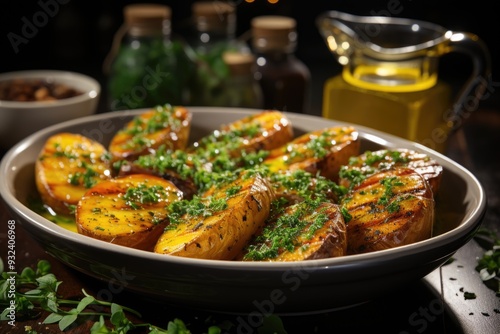 Baked potatoes with herbs and sauce. Vegan food. healthy meal., generative IA