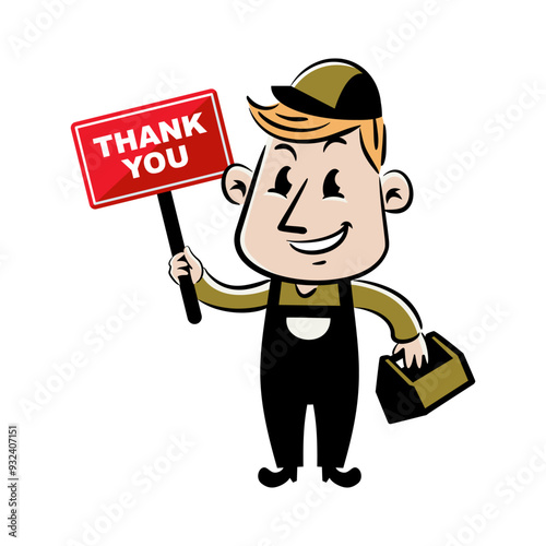 Cartoon handyman holding a sign saying 'Thank you' isolated on white background.