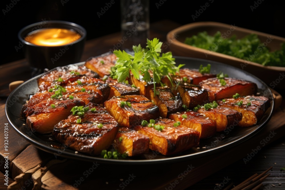 Grilled Japanese sweet potato on the wooden plate Japanese food style, generative IA Grilled Japanese sweet potato on the wooden plate Japanese food style, generative IA