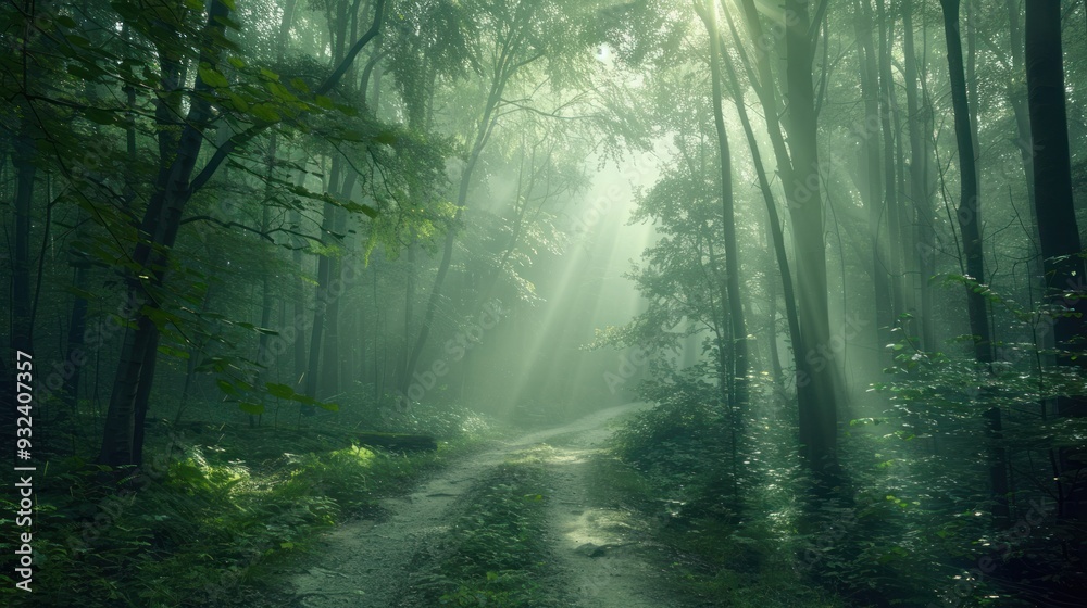 Fototapeta premium Sunbeams through a Misty Forest Path