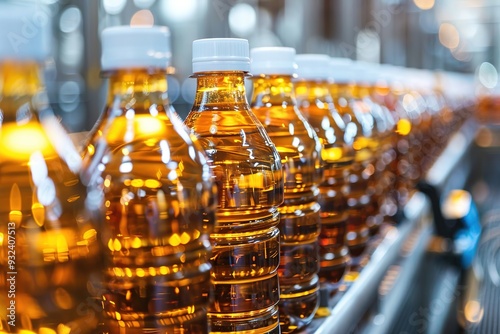 Wallpaper Mural Bottles filled with a golden liquid on a production line in a factory setting. Torontodigital.ca