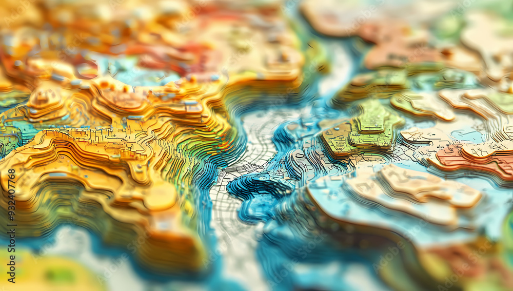 Close-up of an intricate digital map showing vibrant terrain features Close-up of an intricate digital map showing vibrant terrain features