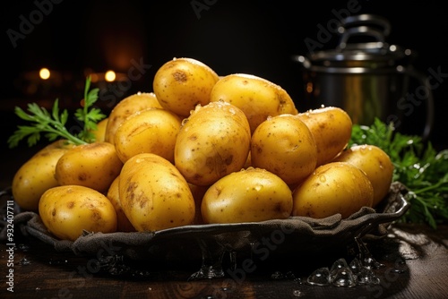 Raw potatoes on a black selective focus background, generative IA