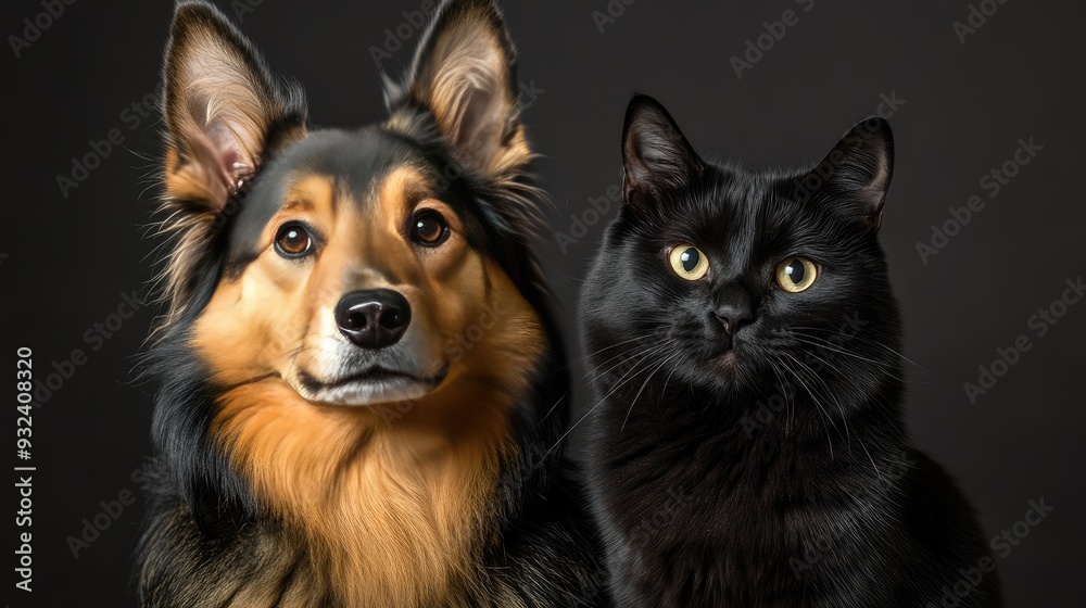 Obraz premium Studio portrait of a happy Icelandic Sheepdog with a playful expression, sitting next to a serene black cat, emphasizing their unique but harmonious friendship.