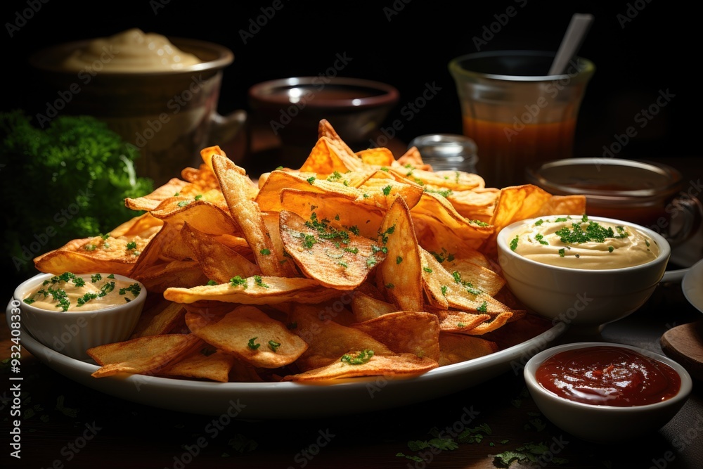 Chips with sauce on a plate on a dark background, generative IA