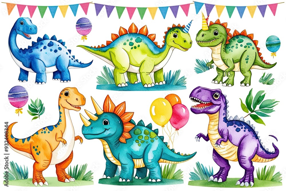 Fototapeta premium Adorably Colorful Watercolor Dinosaur Illustrations for Fun Birthday Parties and Baby Showers