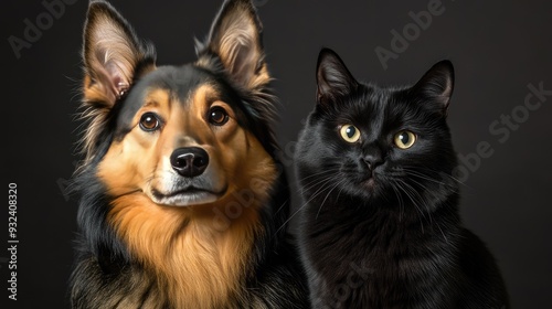 Studio portrait of a happy Icelandic Sheepdog with a playful expression, sitting next to a serene black cat, emphasizing their unique but harmonious friendship.