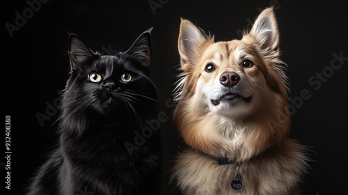 Studio portrait of a happy Icelandic Sheepdog with a playful expression, sitting next to a serene black cat, emphasizing their unique but harmonious friendship.