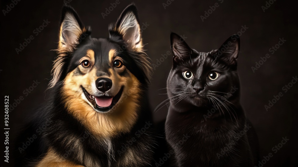 Studio portrait of a happy Icelandic Sheepdog with a playful expression, sitting next to a serene black cat, emphasizing their unique but harmonious friendship. Studio portrait of a happy Icelandic Sheepdog with a playful expression, sitting next to a serene black cat, emphasizing their unique but harmonious friendship.