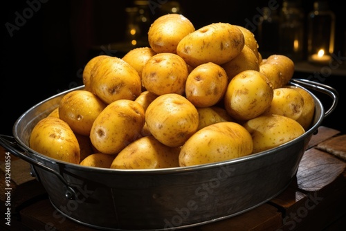 Potatoes of the side view on the gray bucket in the dark deep. horizontal, generative IA photo