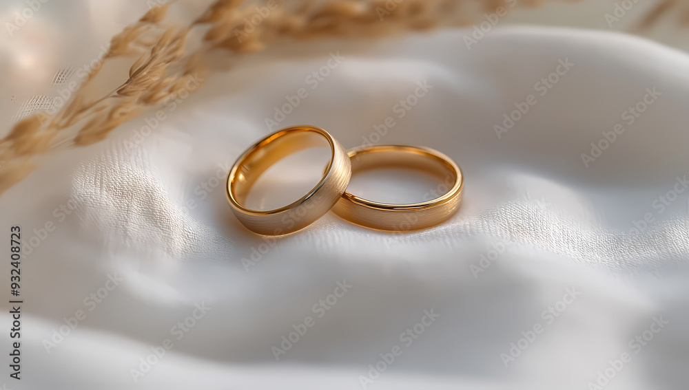 Elegant gold wedding rings on soft white linen background Elegant gold wedding rings on soft white linen background