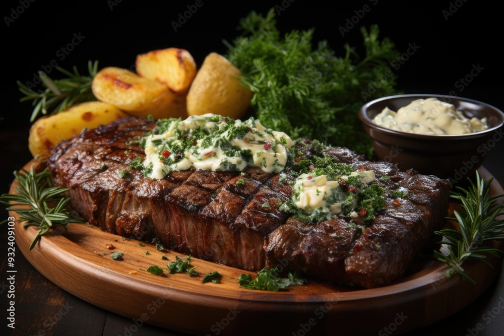 Steak with chips, mayonnaise of sour cream and herbs on the wood plate, generative IA Steak with chips, mayonnaise of sour cream and herbs on the wood plate, generative IA