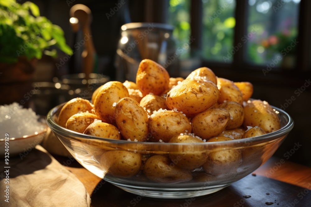 High chopped potato angle in the bowl with text space, generative IA