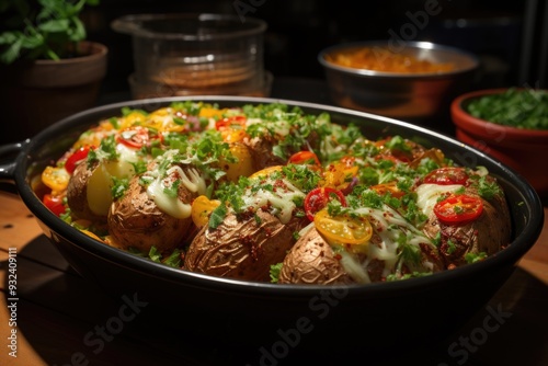 Upper sight of baked potatoes and vegetable salad, generative IA photo