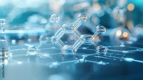 Inorganic compound research, holographic chemical structure, futuristic laboratory technology