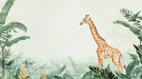 Fototapeta Naklejka Na Ścianę i Meble -  Watercolor Giraffe in Tropical Jungle Foliage Background