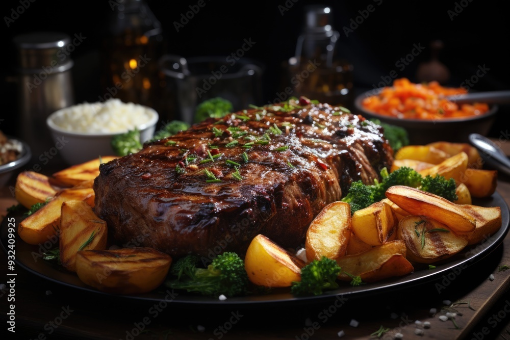 Baked meat closeup with sauce, vegetables and chips on a plate on the table, generative IA Baked meat closeup with sauce, vegetables and chips on a plate on the table, generative IA