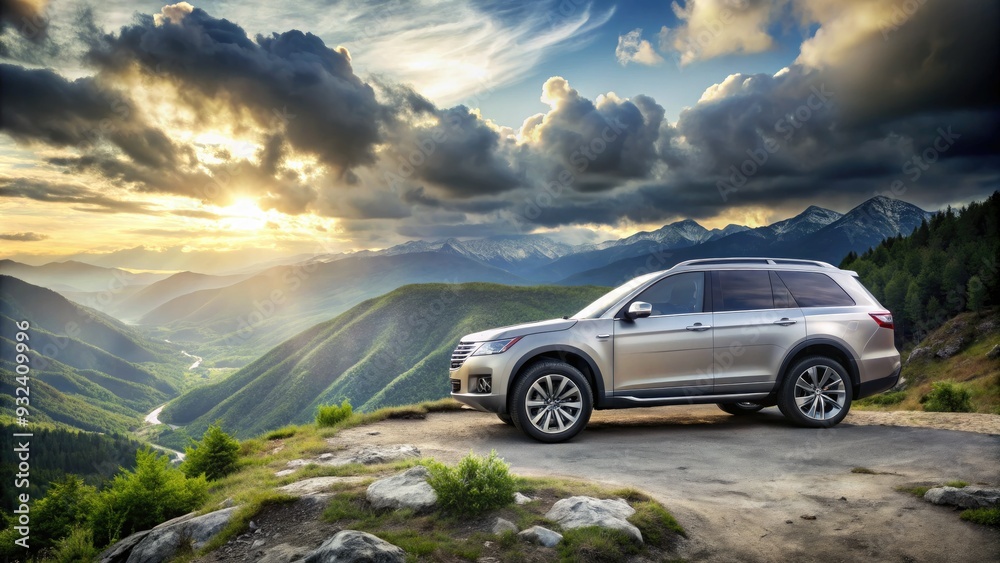 Naklejka premium Luxury SUV with sleek design and chrome accents parked on a scenic mountain overlook, surrounded by lush greenery and dramatic cloudy skies.