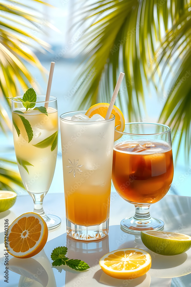 A vibrant display of refreshing drinks on a table. Each drink is garnished with lemon slices and some have additional fruit. A vibrant display of refreshing drinks on a table. Each drink is garnished with lemon slices and some have additional fruit.