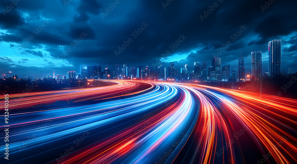 High-tech city skyline with dynamic car light streaks at dusk