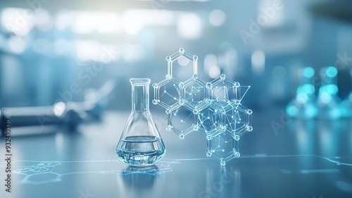Inorganic compound research, holographic chemical structure, futuristic laboratory technology
