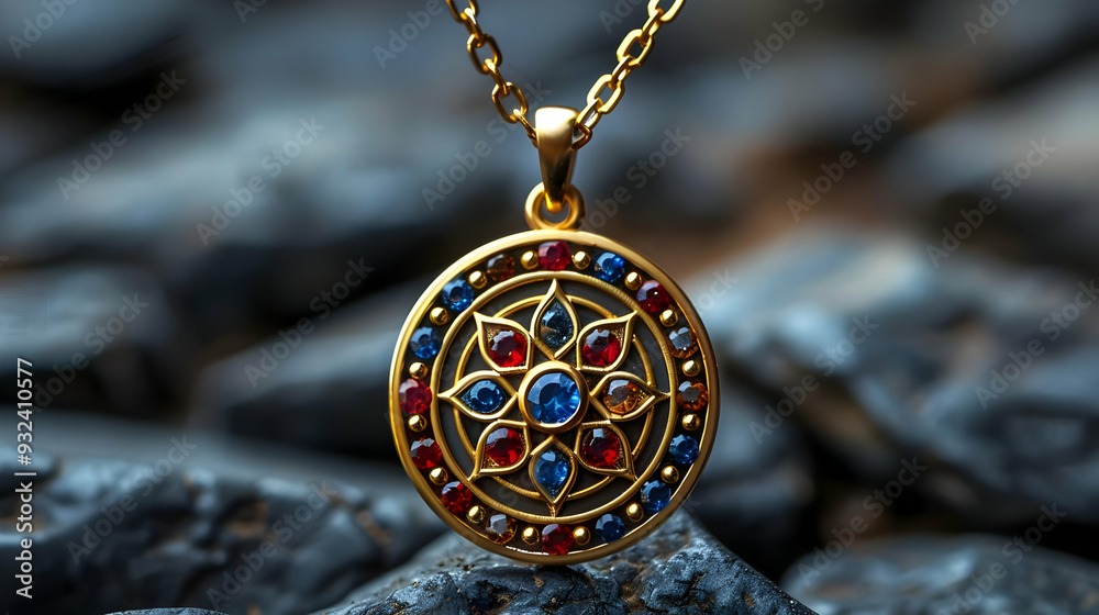 Gold Pendant Necklace with Gemstone Mandala Illustration Gold Pendant Necklace with Gemstone Mandala Illustration