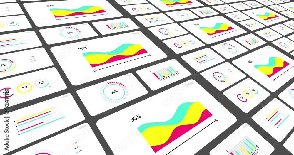 3D animated Infographics set. Animation of seven different charts and graphs in bright color isolated on white background. High quality 4k motion design