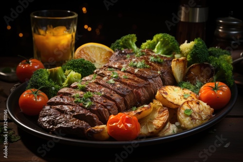 Meal closure, puree of boiled potatoes, grilled steak, general, generative IA photo