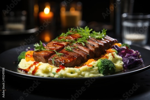 Glaced duck fillet with mashed potatoes and sauce served in a fancy restaurant d, generative IA photo