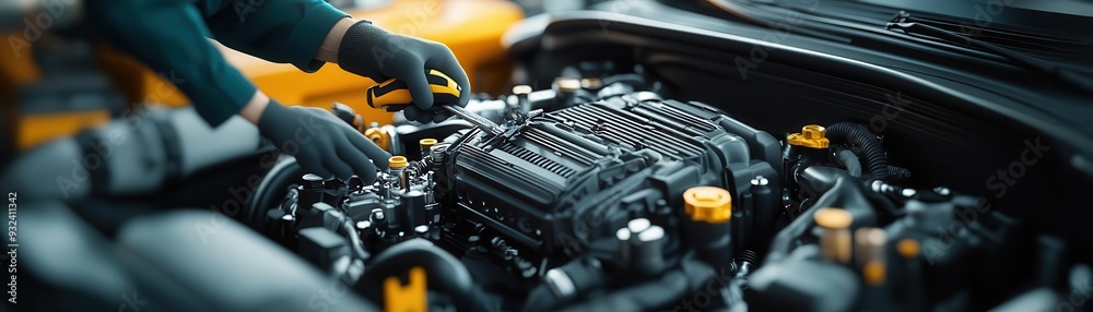 Mechanic fixing a car engine, busy garage, 3D illustration Mechanic fixing a car engine, busy garage, 3D illustration