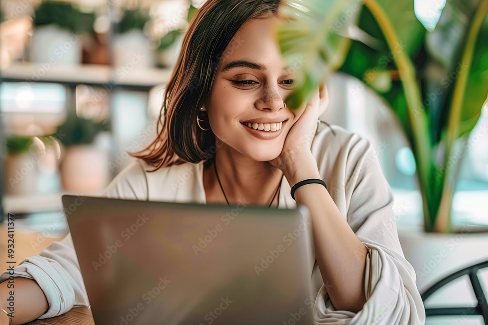 A woman is sitting at a table with a laptop in front of her A woman is sitting at a table with a laptop in front of her