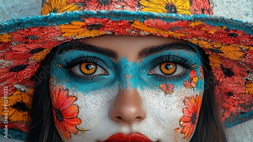Close-up Portrait of a Woman with Colorful Makeup and a Floral Hat