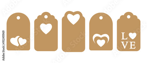 Set of gift or price tags shapes with hearts and love. Vector templates for cutting. Valentine's Day tag stencils. Craft paper or cardboard labels cut files