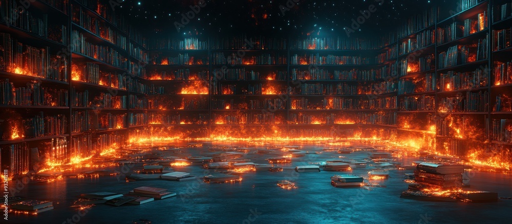 Fototapeta premium Burning Library: A Visual Metaphor of Lost Knowledge