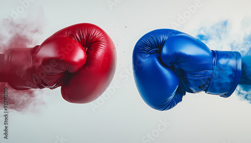 Vibrant red and blue boxing gloves colliding with dynamic smoke