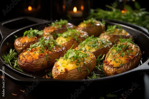 Baked potatoes with garlic, herbs and chantelles fried in a cast iron frying pan, generative IA