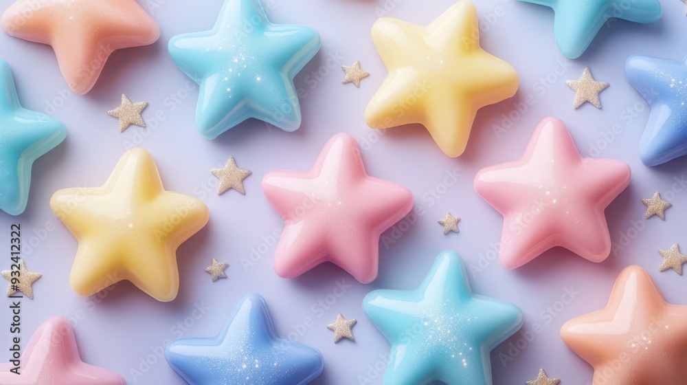 Colorful star-shaped candies on a pastel background in a playful layout Colorful star-shaped candies on a pastel background in a playful layout