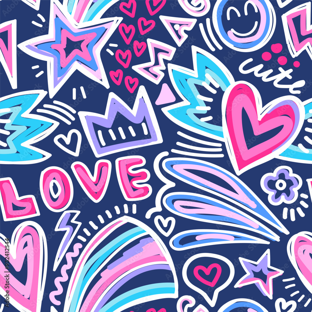 Fototapeta premium Seamless pattern with hand draw hearts, rainbow, stars, words and signs. Pastel Abstract print on black background for fabric, textile, wallpaper, apparel. Vector illustration for little girl. 