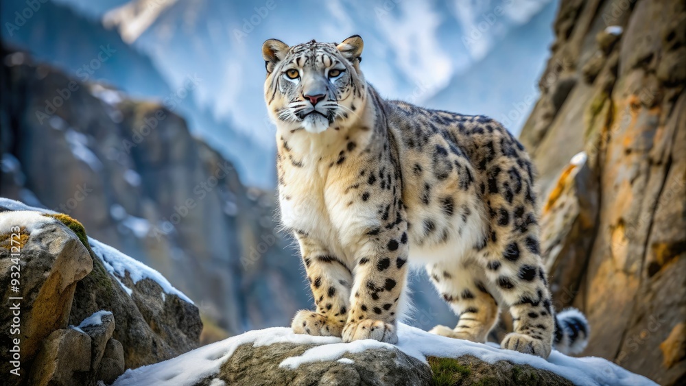 Magnificent snow leopard in its natural habitat, solitary and majestic, with a thick white coat and piercing eyes, set against a rugged mountainous backdrop. Magnificent snow leopard in its natural habitat, solitary and majestic, with a thick white coat and piercing eyes, set against a rugged mountainous backdrop.