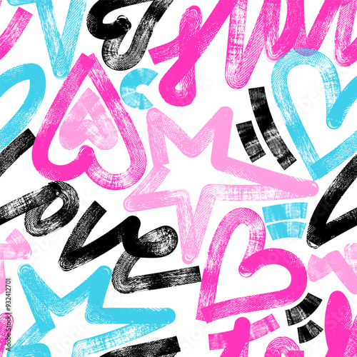Abstract seamless chaotic pattern with line hearts and stars Colorful background. Wallpaper for girls.