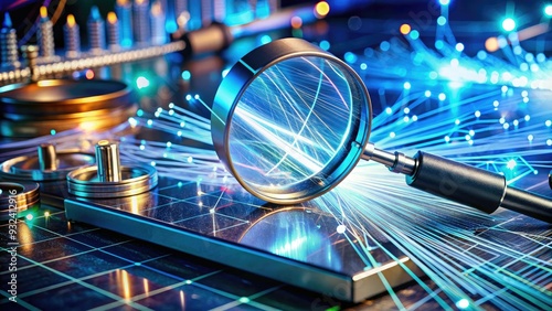 Magnifying lens and optic fibers on a laboratory workbench, surrounded by scientific instruments and diagrams, illustrating the principles of optical science and technology. photo