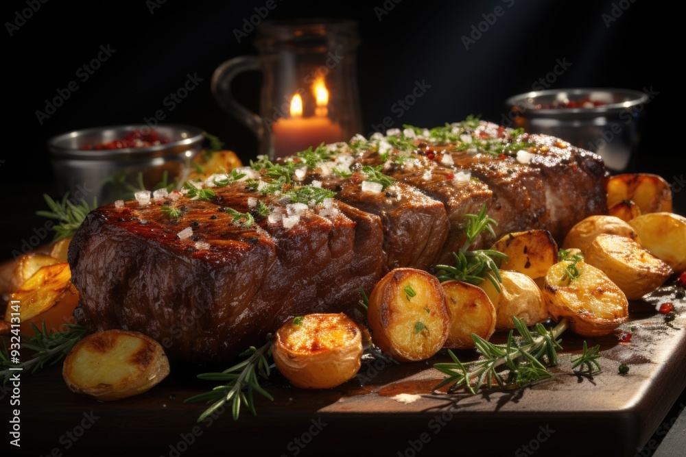 A large piece of fat fried beef for steak with potatoes, generative IA A large piece of fat fried beef for steak with potatoes, generative IA